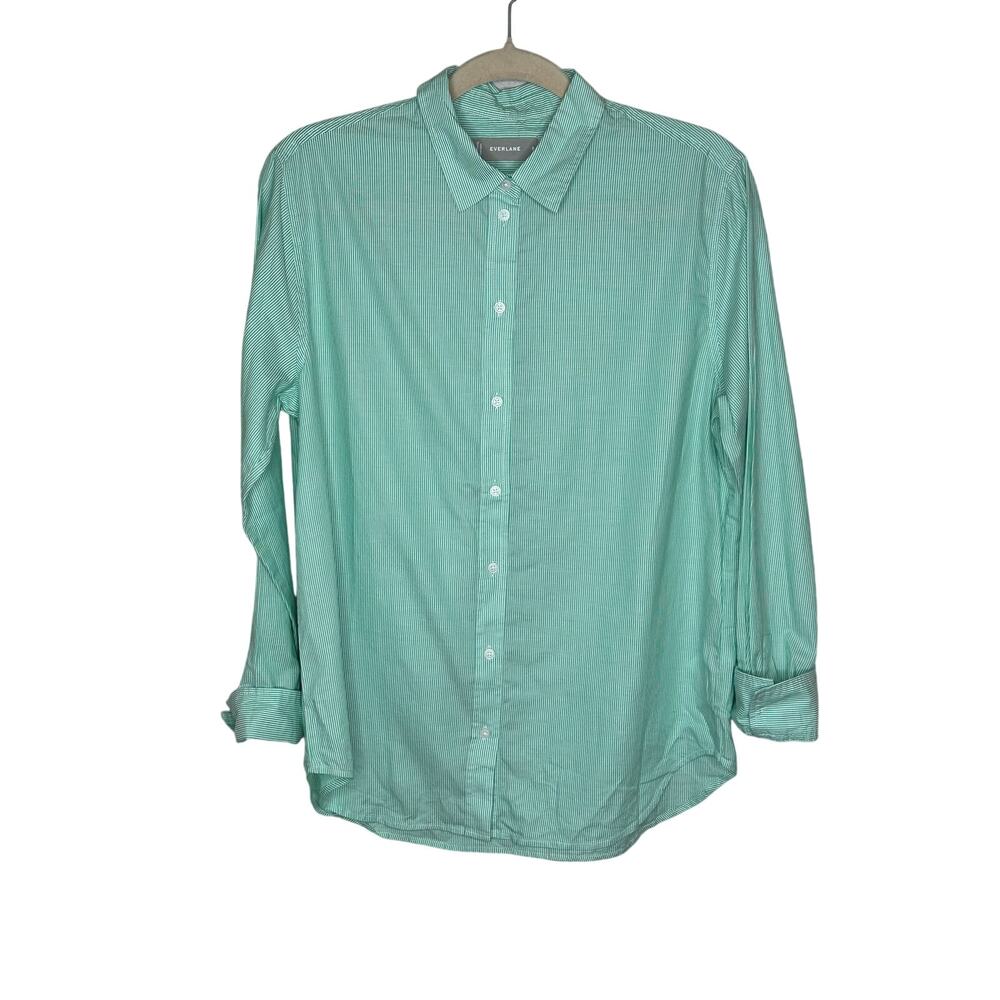 Everlane NWOT Green White Striped Woven Cotton Long Sleeve Button Down Shirt S